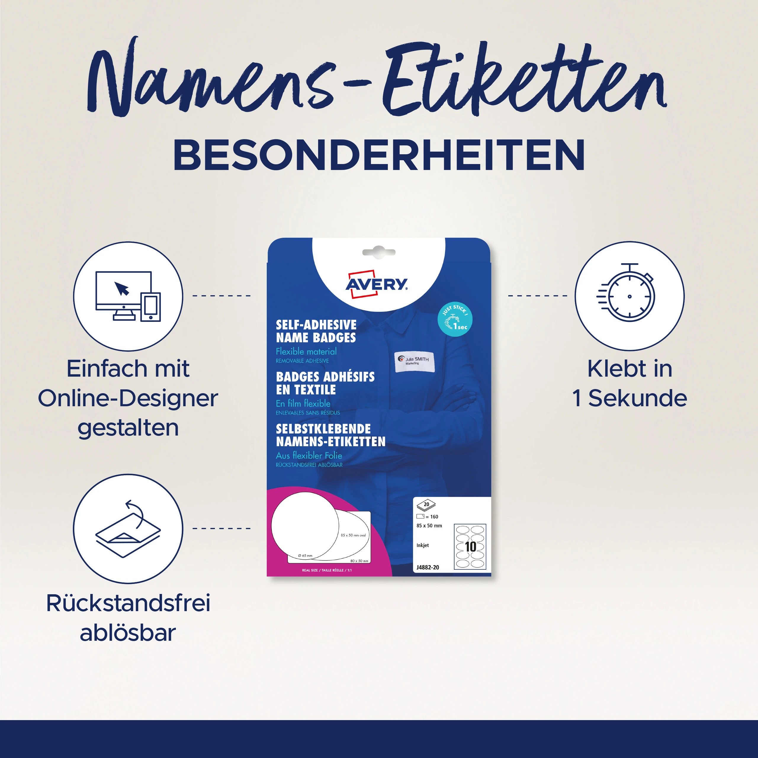 AVERY ZWECKFORM Namensetiketten 85x50mm J4882-20 weiss 20 Blatt/200 Stk.