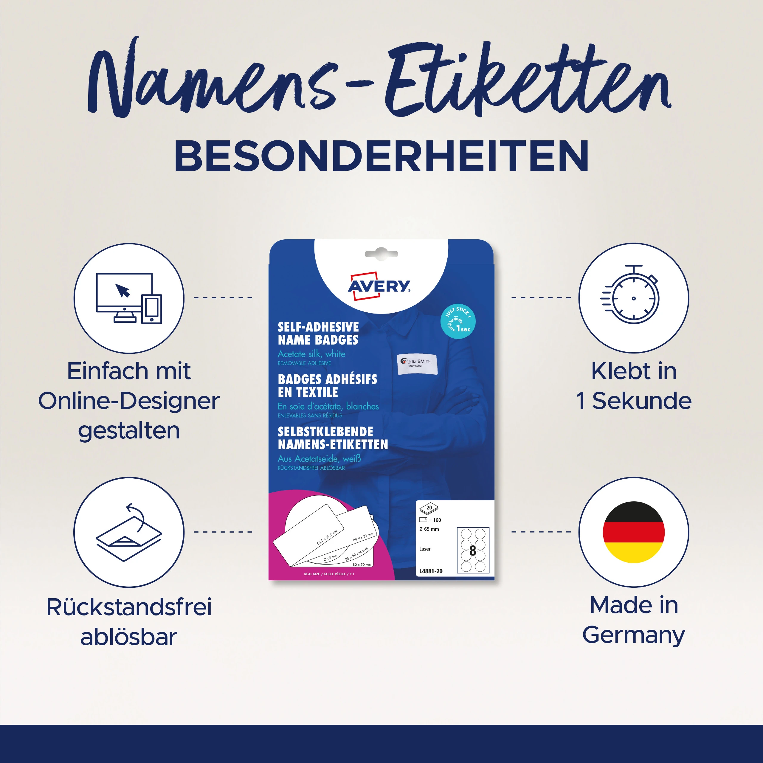 AVERY ZWECKFORM Namensetiketten 65mm L4881-20 weiss 20 Blatt/160 Stk.